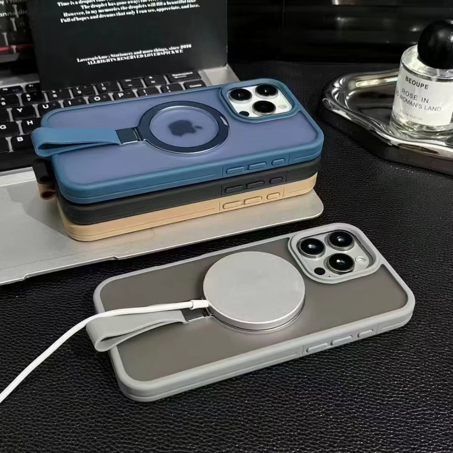 Matte Handgelenk-Schlaufe Schutzhülle mit MagSafe Magnetischer Halterung und Standfunktion für Apple iPhone 11 bis 17 Pro Max Plus, Grau - Bild 1