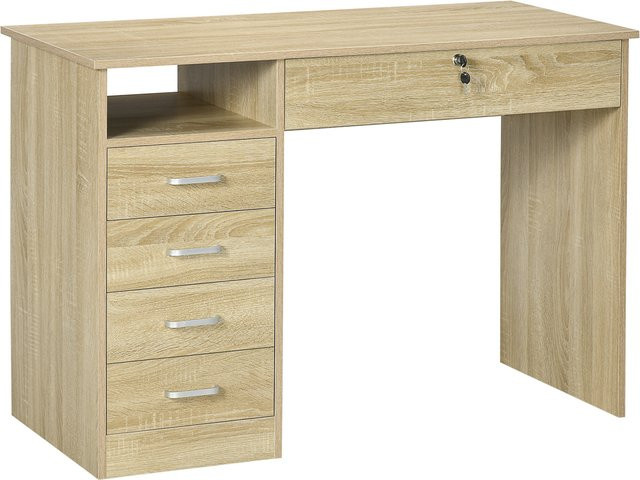 HOMCOM Schreibtisch für Büro und Home Office in Eiche, moderner Computertisch mit 5 Schubladen und offenem Fach, B/T/H: 110 x 50 x 76 cm - Bild 1