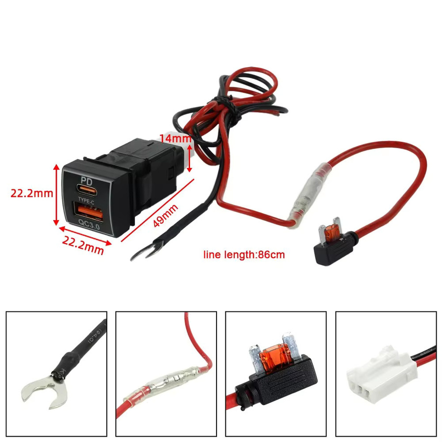 Kebidumei Dual-Port Schnellladegerät für Toyota mit PD QC3.0 und USB-C, 12V-24V, Schwarz mit blauer LED-Anzeige - Bild 6