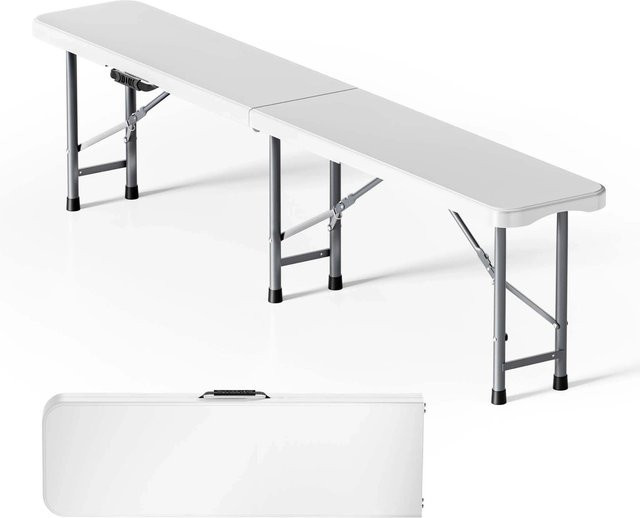 Wiltec Klappbank für Garten und Camping, wetterfeste Sitzbank aus Metall und Kunststoff, Grau/Weiß, B/T/H: 180 x 30 x 43 cm - Bild 1