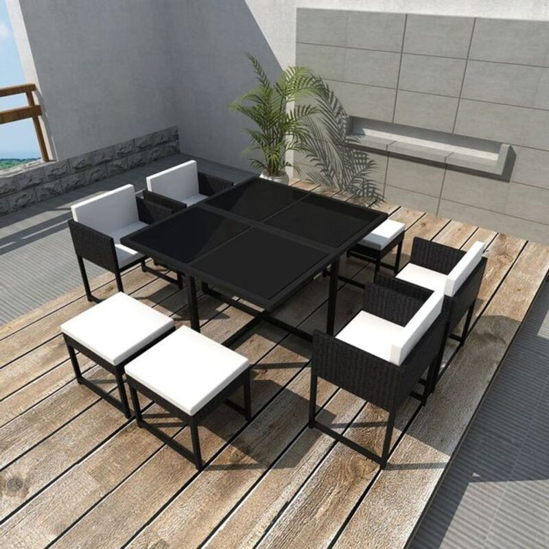 VIDAXL Prolenta 9-tlg. Garten-Essgruppe aus Polyrattan mit Kissen in Schwarz/Weiß - Bild 1