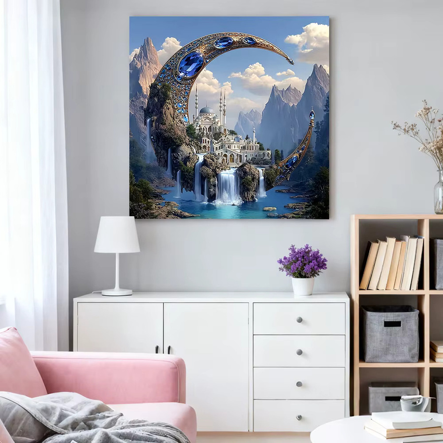 HUACAN Diamant-Mosaik-Gemälde Schloss Landschaft mit Mond und Wasserfall, Rund, Mehrfarbig, Durchmesser: 20 cm - Bild 3