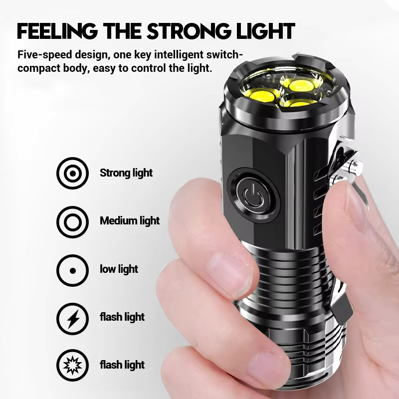 XIWANGFIRE Mini LED Taschenlampe mit 3x F350 LEDs, USB-C wiederaufladbar, Schwarz, mit Magnet und 5 Modi - Bild 5