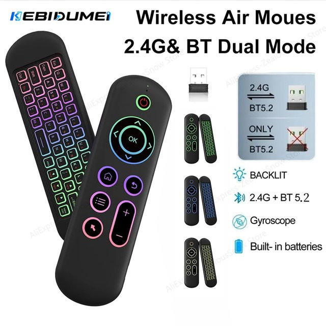KEBIDUMEI Air Mouse Fernbedienung mit Sprachsteuerung, Gyroskop und 7-farbiger Hintergrundbeleuchtung, Mini-Tastatur, Dual-Modus 2,4 G und Bluetooth 5.2, kabellos, Schwarz/Multicolor, für Android Smart TV - Bild 1