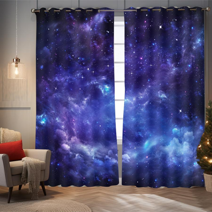 2er-Set hochverdunkelnde Polyestervorhänge mit Nebelgalaxie-Motiv in Blau und Lila, doppelseitig matt, B: 150 cm, H: 166 cm - Bild 5