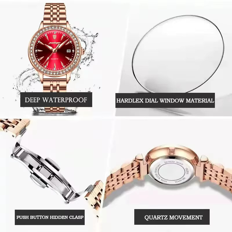 POEDAGAR Armbanduhr, Quarz, Edelstahl, Roségold, Diamantbesetzt, Damen - Bild 5