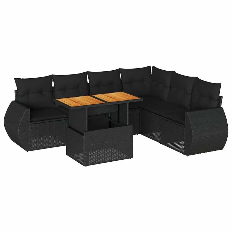 vidaXL 7-teilige Garten-Sofagarnitur in L-Form aus Polyrattan und Akazienholz mit Kissen in Schwarz - Bild 2