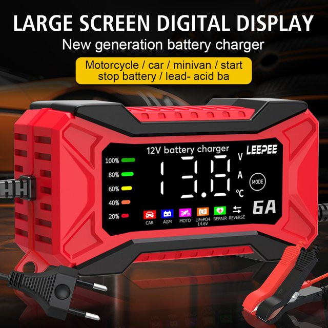 Digitales Smart Lithium-Eisen-Ladegerät mit LCD-Display für 12V Auto-Batterien, 14,6V 10A mit Puls-Reparaturfunktion, Farbe: Rot - Bild 1