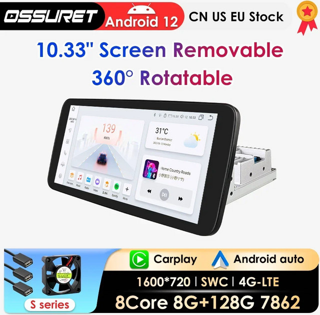 OSSURET 1 DIN Universal Android Auto Radio Multimedia Video Player mit 10,33 Zoll drehbarem Touchscreen, Carplay, DSP und WIFI, Schwarz - Bild 1