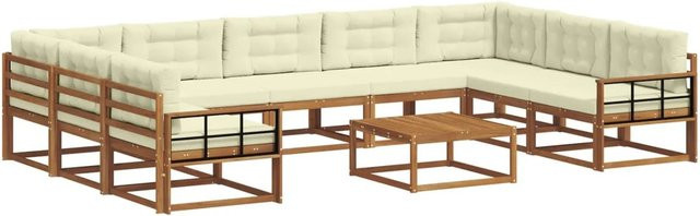 vidaXL Outdoor-Sofagarnitur aus Akazienholz in U-Form mit 10-teiligem Set Kissen in Natur und Creme - Bild 1