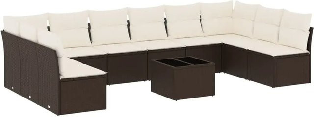 vidaXL 11-tlg. Garten-Sofagarnitur in U-Form aus Polyrattan mit Kissen, Braun - Bild 1