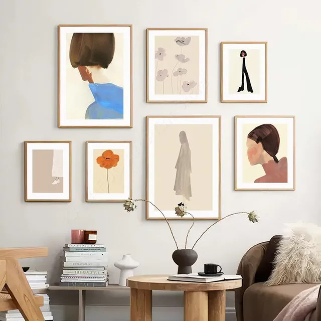 Potdemiel Abstrakte Leinwandmalerei für dein Wohnzimmer mit Mädchen, Blume und geometrischen Linien im minimalistischen Design - Bild 1