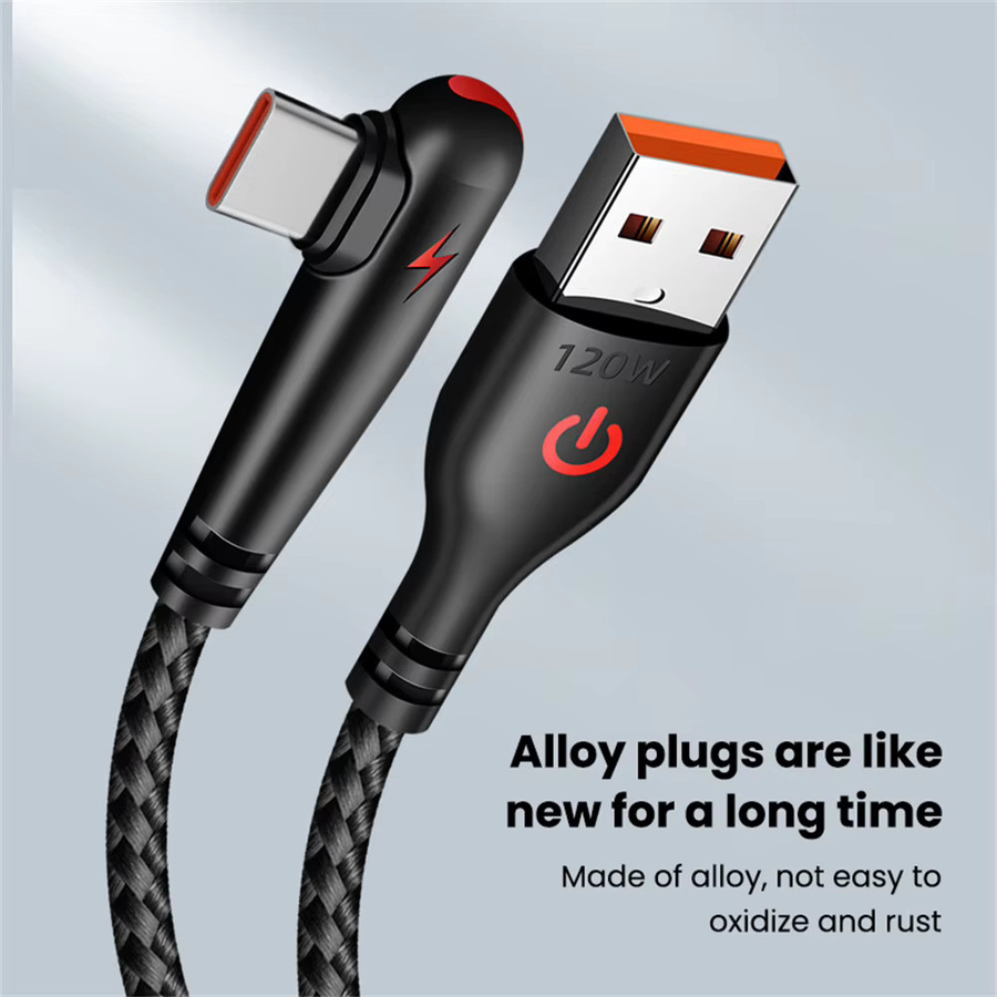 120 W USB-C Schnellladekabel mit 90 Grad Winkel, USB 3.0 Hochgeschwindigkeits-Datenkabel für Mobiltelefone und Computer, Schwarz - Bild 3