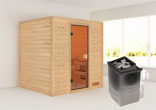Massivholzsauna Karibu Adelina aus nordischer Fichte in Braun mit 9.0 kW Ofen und integrierter Steuerung, B/T/H: 195 x 169 x 187 cm - Bild 1