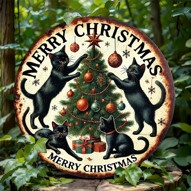 Rundes Metallschild von Potdemiel mit schwarzer Katze für Weihnachtsdekoration, Durchmesser: 20,32 cm - Bild 1