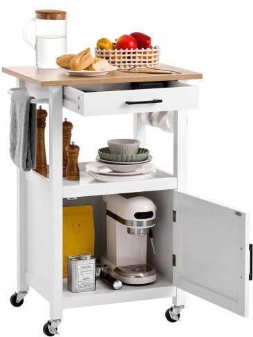 VEVOR Kücheninselwagen mit Einzeltürschrank und Schublade in Weiß, mobiler Servierwagen mit Handtuchhalter und Haken, B/T/H: 45 x 59 x 16,8 cm - Bild 1