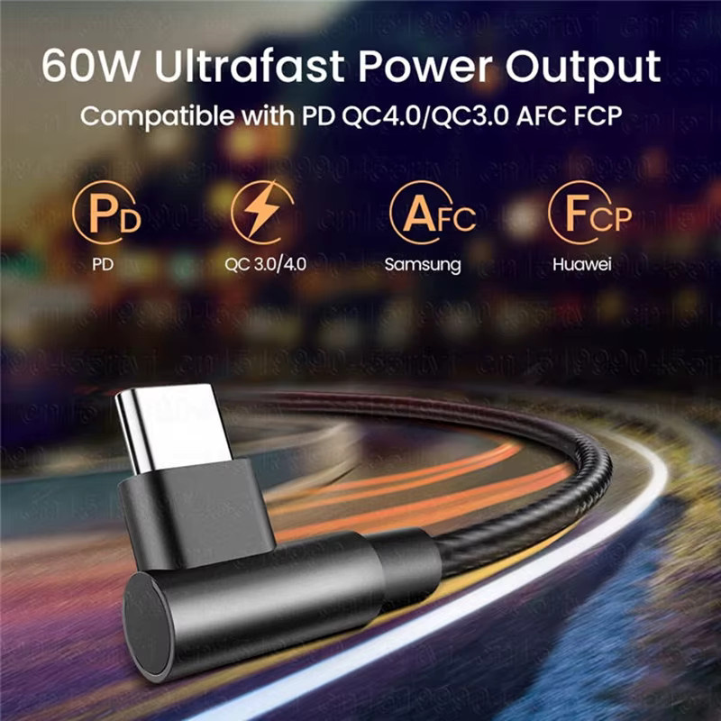 60W USB-C zu USB-C Kabel in Schwarz mit 90 Grad Winkel für PD Schnellladung und Datensynchronisation, nylonummanteltes Typ-C Kabel für Gaming-Handys und Tablets - Bild 3