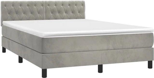 vidaXL Boxspringbett mit Matratze in Hellgrau und Weiß, Hybrid-Bett mit LED-Unterbettbeleuchtung und USB-Ladeport, Samt-Bezug, B/T/H: 140 x 200 x 88 cm - Bild 1