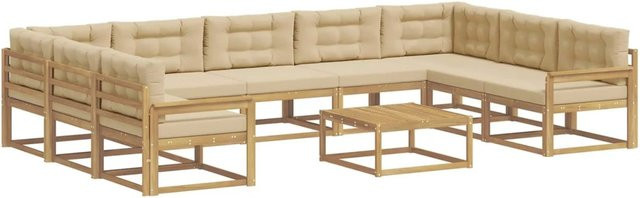 vidaXL Outdoor-Sofagarnitur in L-Form aus massivem Akazienholz mit 10 Kissen in Weiß, Beige und Braun - Bild 1