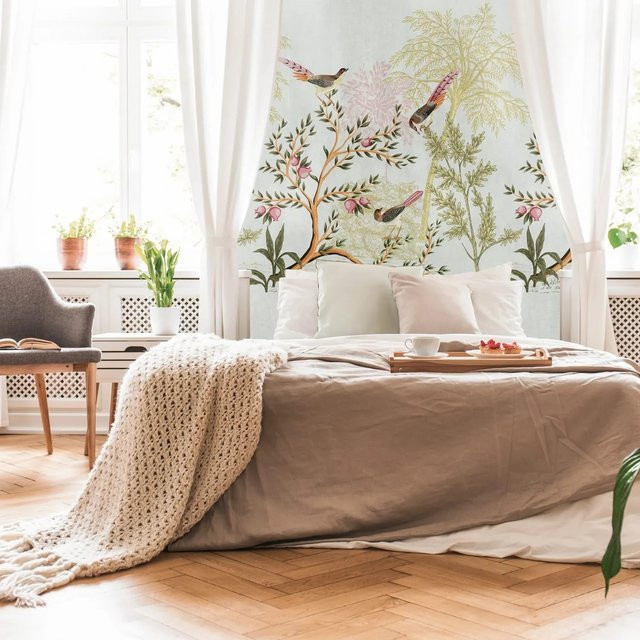 PROFHOME Fototapete Vogelmuster im Landhausstil aus Vlies, Farben: Grau, Grün, Rosa, Braun, Breite: 1,59 m, Höhe: 2,8 m - Bild 1