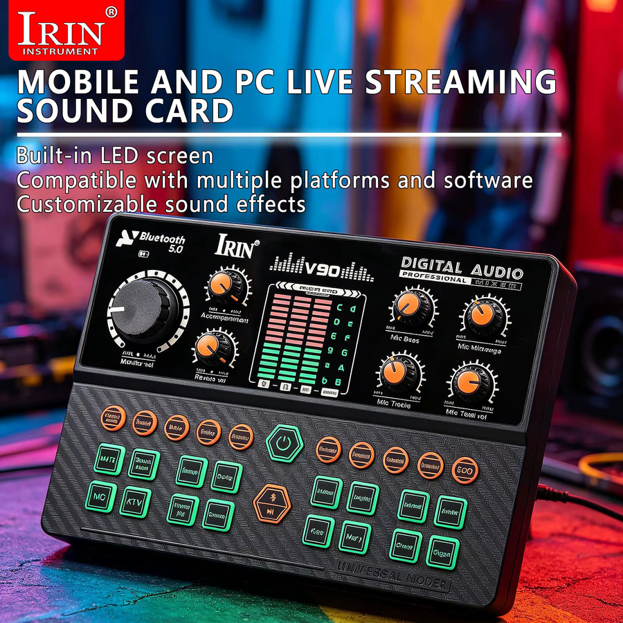 IRIN V90 Soundkarte in Schwarz mit Stimmverzerrer und 3-Band-EQ-Reverb für Live-Streaming, Karaoke und Aufnahmen mit Mikrofon, kompatibel mit PC, Mac, iOS und Android - Bild 5