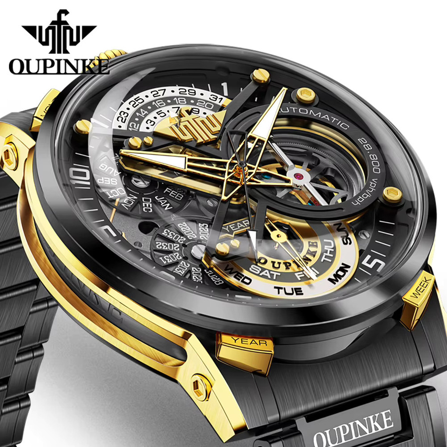 OUPINKE Herren Armbanduhr, Automatik, Edelstahl, Schwarz, Gold - Bild 2