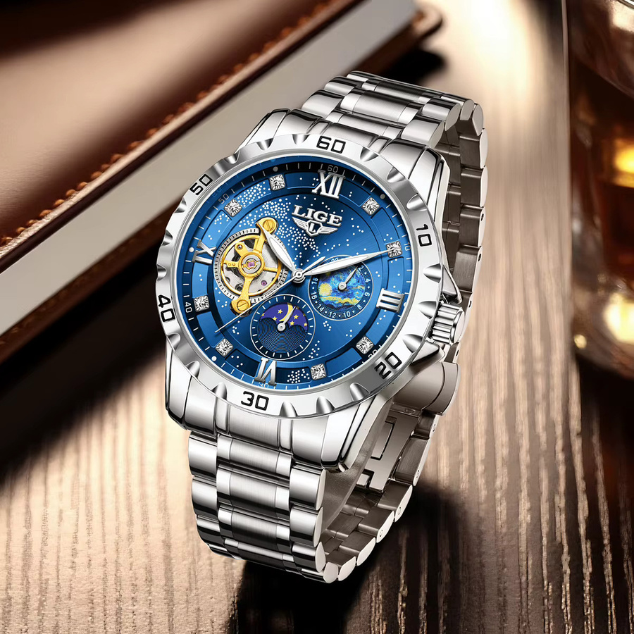 LIGE Armbanduhr Automatik, Edelstahl, Blau, Herren - Bild 5