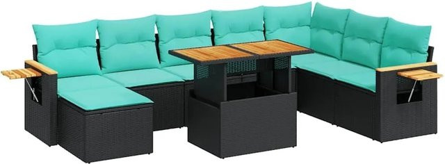 vidaXL 10-tlg Garten-Sofagarnitur in L-Form aus Polyrattan und Akazienholz mit Kissen, Schwarz - Bild 1