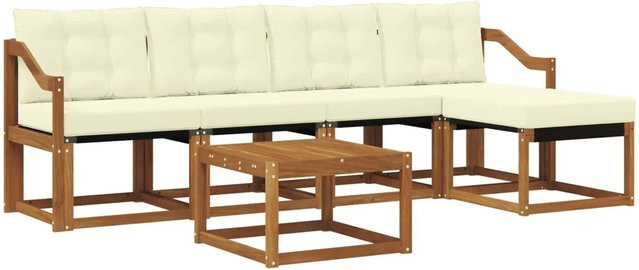 vidaXL Outdoor-Sofagarnitur 6-teilig L-Form aus Akazienholz mit Kissen und Couchtisch in Braun und Beige - Bild 1