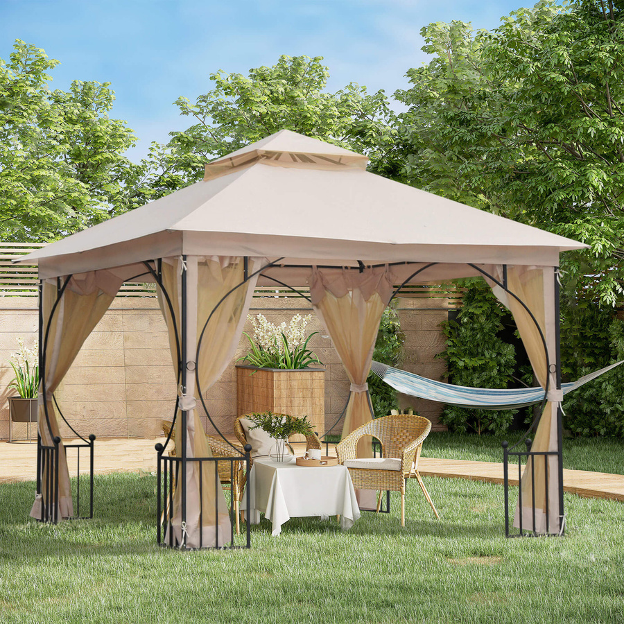Outsunny Gartenpavillon aus Metall mit Moskitonetz und Doppeldach in Beige und Schwarz, B/T/H: 300 x 300 x 275 cm - Bild 2