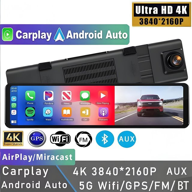 E-ACE 12 Zoll 4K UHD Dashcam mit CarPlay und Android Auto, WiFi, GPS, Bluetooth, FM-Transmitter und 1080P Rückkamera in Schwarz - Bild 1