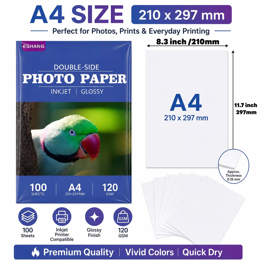 ESHANGA Doppelseitiges Fotopapier A4, 100 Blatt, Glänzend, Weiß, 120 g/m², für Inkjet-Drucker - Bild 2