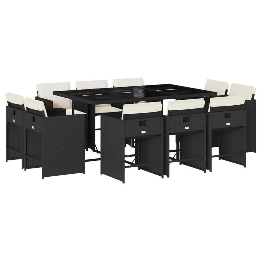 vidaXL 11-tlg Garten-Essgruppe aus PE-Rattan mit Kissen und Hartglas in Schwarz und Cremeweiß - Bild 2