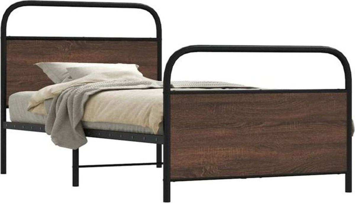 vidaxl Einzelbett Bettgestell in Braun mit Eichen-Optik aus Holzwerkstoff und Stahl im Industrial-Stil, B/T/H: 100 x 190 cm - Bild 1