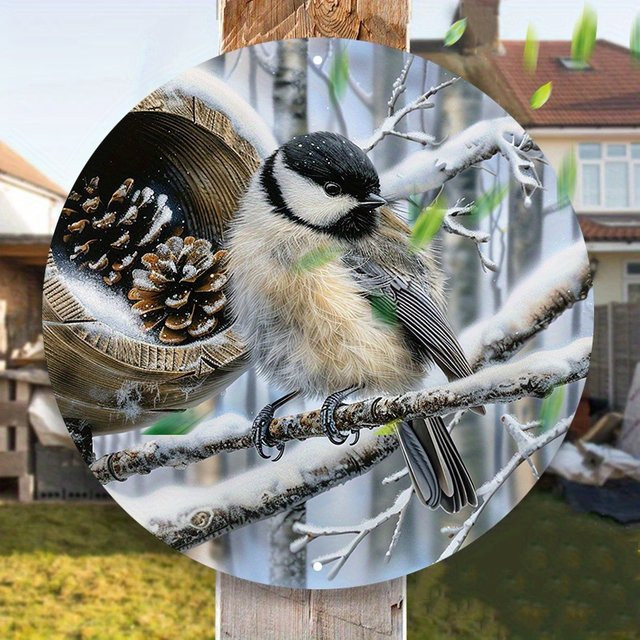 Potdemiel Wandkunst Chickadee-Vogel und Tannenzapfen, rundes Metallschild Outdoor-Hängedekoration, Durchmesser: 20,3 cm, Mehrfarbig - Bild 1