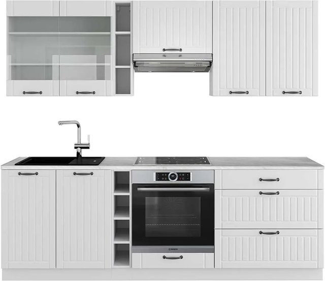 Vicco Fame-Line Küchenzeile in Weiß im Landhausstil mit Marmor-Optik, B/H/T: 235 x 82 x 60 cm - Bild 1