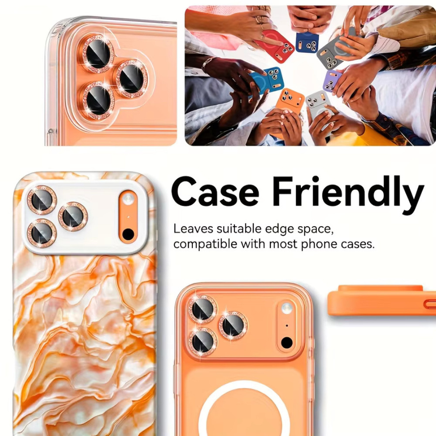 NNBILI 9-teiliger Luxus-Kameraobjektivschutz für iPhone 17 Pro/Pro Max mit 9H gehärtetem Glas und Glitzer-Metallring in Gold und Orange - Bild 4