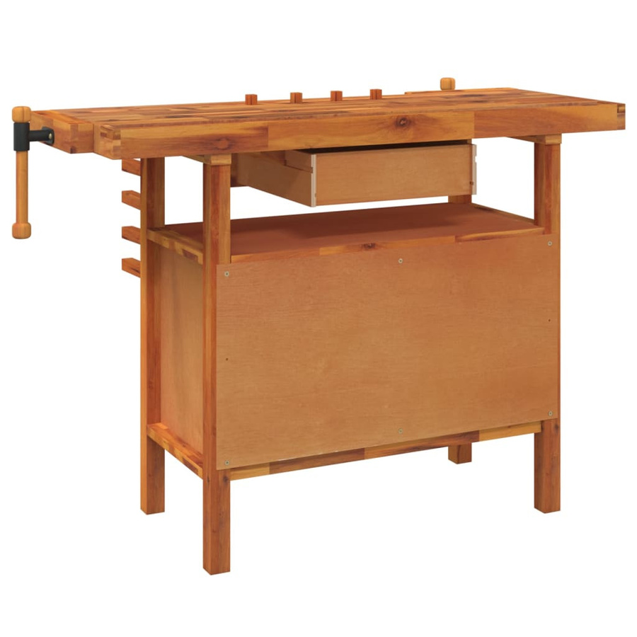 vidaXL Werkbank aus Massivholz Akazie mit Schublade und Schraubstöcken, Farbe: Braun, B/T/H: 124 x 52 x 83 cm - Bild 3