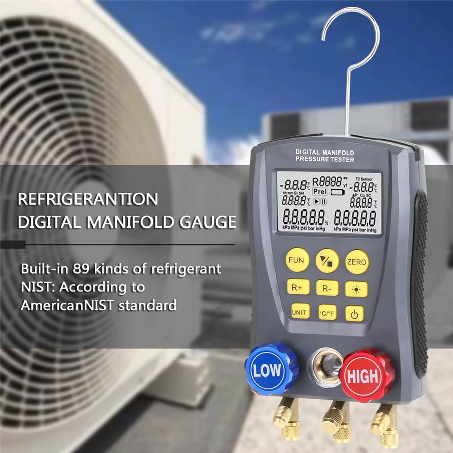 Podofo Digitales Manometer-Set für HVAC-Kältemittel mit Druckprüfer, Vakuum- und Temperaturmessgerät sowie integrierter Kältemitteldatenbank für Klimaanlagen - Bild 3