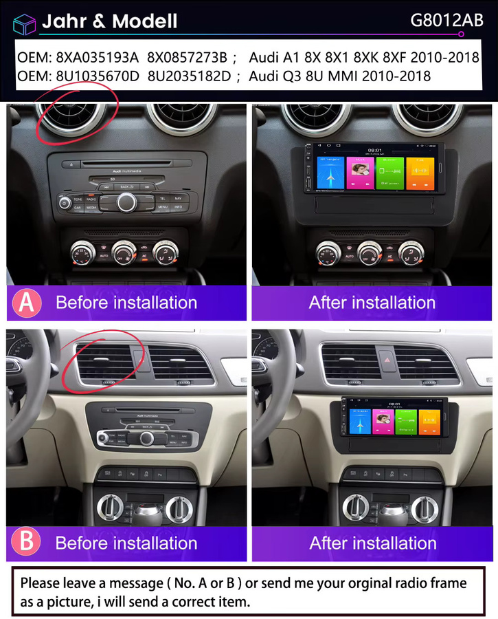 Android Autoradio mit Bluetooth, WLAN, CarPlay, GPS-Navigation und AHD-Rückfahrkamera für Audi A1 8X 8X1 8XK 8XF Q3 8U MMI Quattro S Line in Schwarz - Bild 2