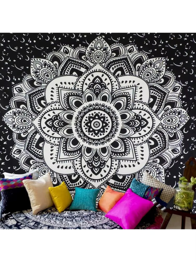 VIKAMA Mandala-Wandteppich in Schwarz-Weiß mit böhmischem Blumenmuster als Wandbehang für dein Wohnzimmer oder Schlafzimmer - Bild 2