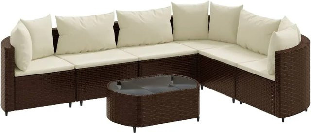 vidaXL 7-tlg Garten-Sofagarnitur in L-Form aus braunem PE-Rattan mit Kissen und Couchtisch - Bild 1