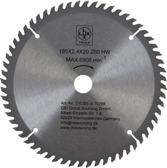 LUX-TOOLS HM-Kreissägeblatt für Holz, Silber, Durchmesser: 185 mm, Bohrung: 20 mm, 60 Zähne, Carbide Tipped - Bild 1