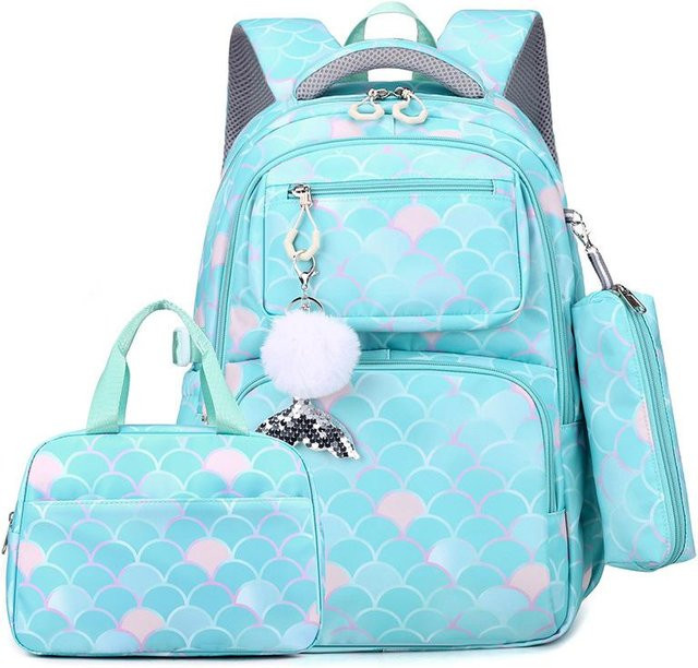 3-teiliges Set Schulrucksack mit Brotdose und Federmäppchen für Mädchen mit Fischschuppen-Print in Türkis von Weft - Bild 1