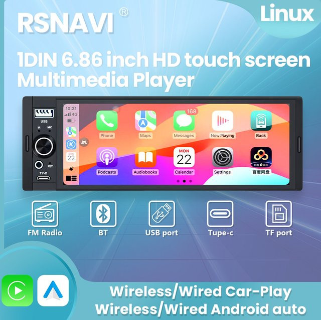 RSNAVI Universal 1 Din Autoradio MP5-Player mit 6,86 Zoll Display, Wireless Carplay, Android Auto, Bluetooth, USB-C und SWC, Schwarz - Bild 1