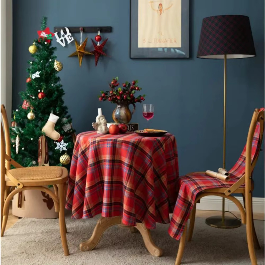 VIKAMA Weihnachtstischdecke aus Leinen in Rot mit Büffelkaro-Design für Weihnachten und Partys, rund - Bild 1