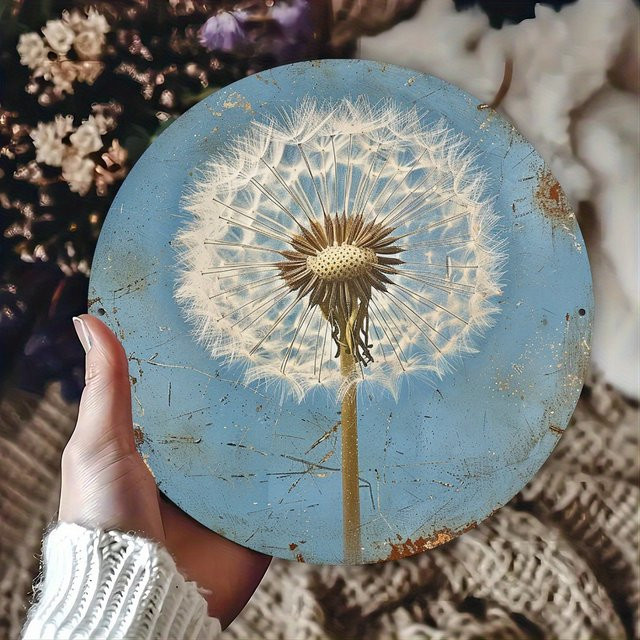 Rundes Metallschild Potdemiel mit Löwenzahn-Motiv in Blau und Weiß, Durchmesser: 20,3 cm - Bild 1
