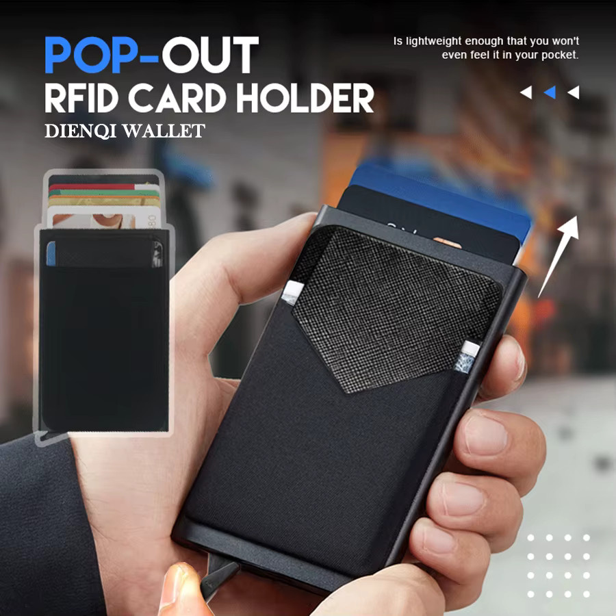 Minimalistischer Pop-Up-Kartenhalter aus Metall und Kohlefaser mit RFID-Schutz in Schwarz und Gold - Bild 2