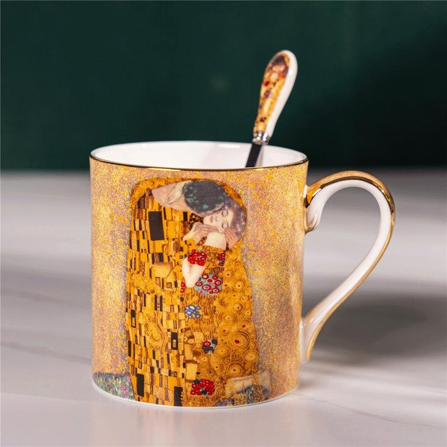 Yiran Furniture Kaffeeservice Gustav Klimt Kuss aus Knochenporzellan mit Goldakzenten inklusive Teekanne, Milchkännchen, Zuckerdose und Tassen Set - Bild 1