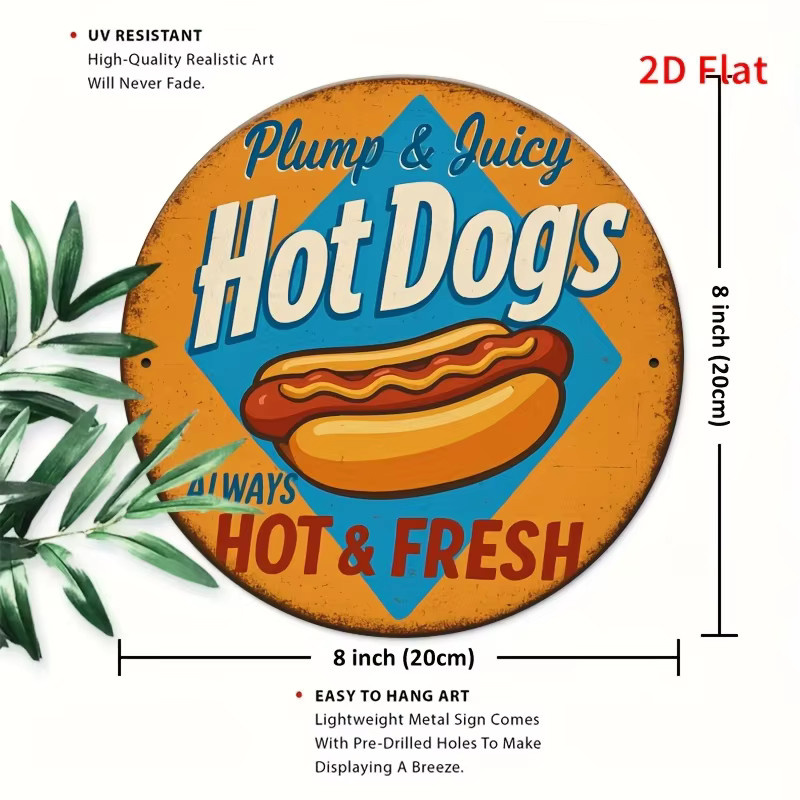 Potdemiel Rundes Aluminium-Wandkunstschild im Vintage-Stil mit Hotdog-Motiv, Durchmesser: 20,32 cm, Mehrfarbig - Bild 2